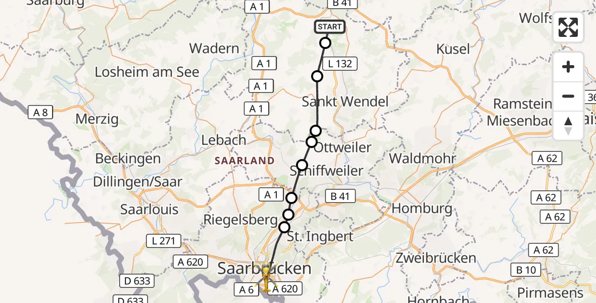 Flugroute Rettungshubschrauber Nohfelden - Saarbrücken, 29 September 2026, 15:04