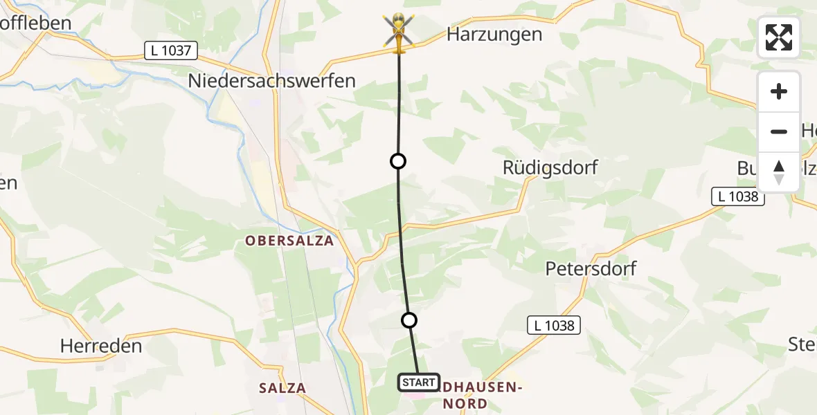 Flugroute Rettungshubschrauber Südharz Hospital Nordhausen - Harztor, 29 September 2026, 15:16