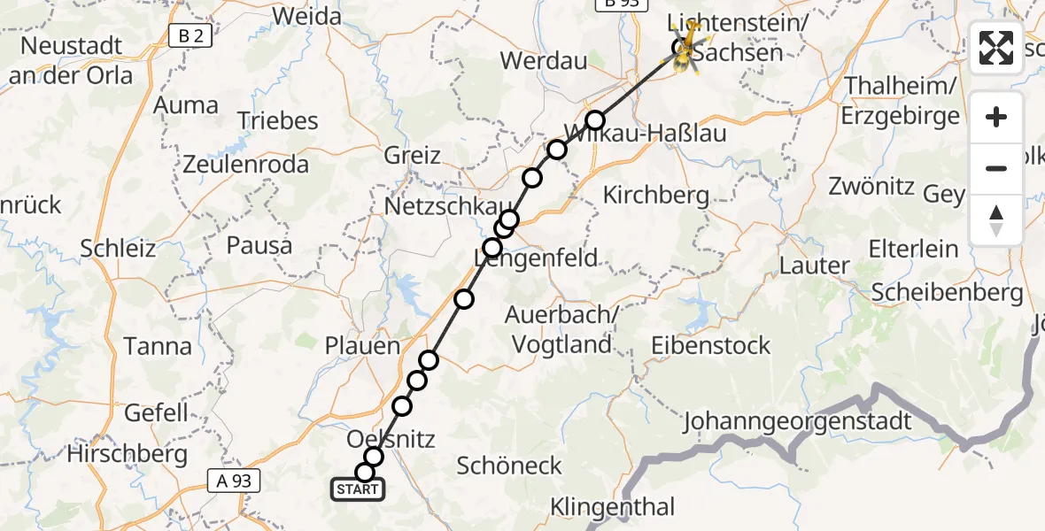 Flugroute Rettungshubschrauber Triebel/Vogtl. - Mülsen, 29 September 2026, 15:26
