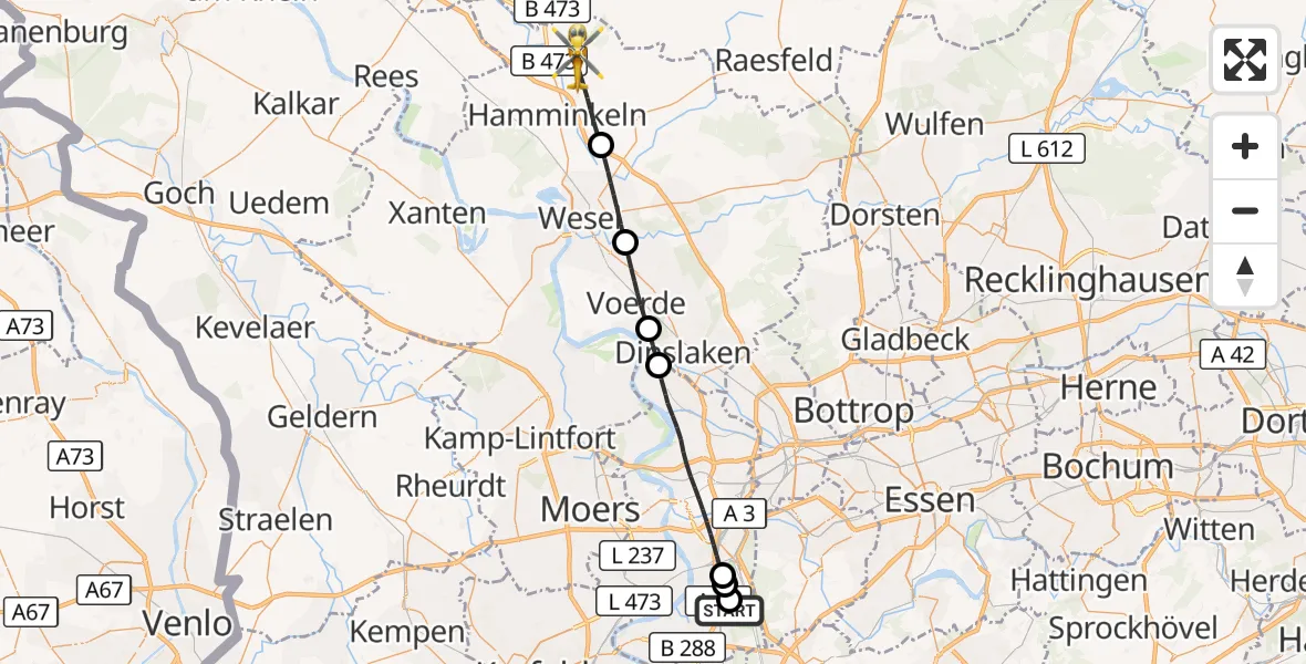 Flugroute Rettungshubschrauber Duisburg Air Rescue Hubschrauberlandeplatz (Christoph 9) - Hamminkeln, 29 September 2026, 15:38