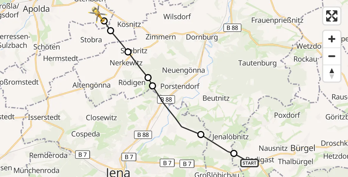Flugroute Rettungshubschrauber Bürgel - Apolda, 29 September 2026, 15:39