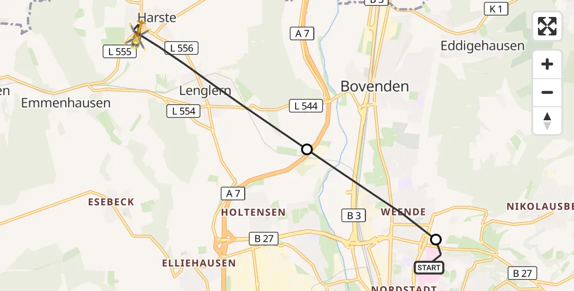 Flugroute Rettungshubschrauber Göttingen University Clinic Hubschrauberlandeplatz - Bovenden, 29 September 2026, 15:46