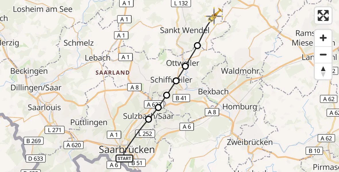 Flugroute Rettungshubschrauber Saarbrücken - St. Wendel, 29 September 2026, 15:51