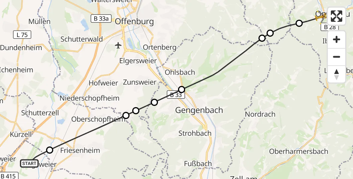 Flugroute Rettungshubschrauber Lahr Flughafen - Oppenau, 29 September 2026, 15:55