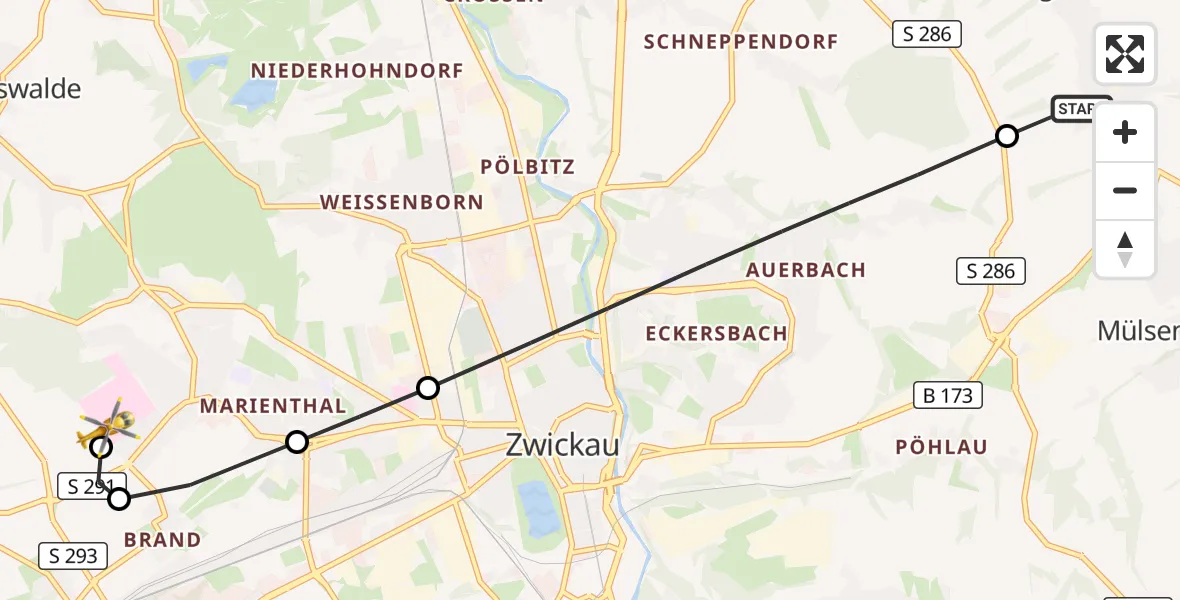 Flugroute Rettungshubschrauber Mülsen - ADAC Air Rescue Station Zwickau Hubschrauberlandeplatz, 29 September 2026, 16:08