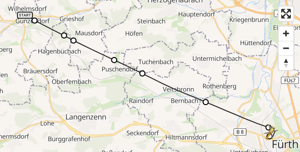 Flugroute Ambulanzhubschrauber Wilhelmsdorf - Fürth Hospital, 29 September 2026, 16:17