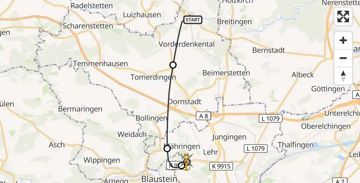 Flugroute Rettungshubschrauber Westerstetten - ADAC Air Rescue Station Ulm (Christoph 22), 29 September 2026, 16:18