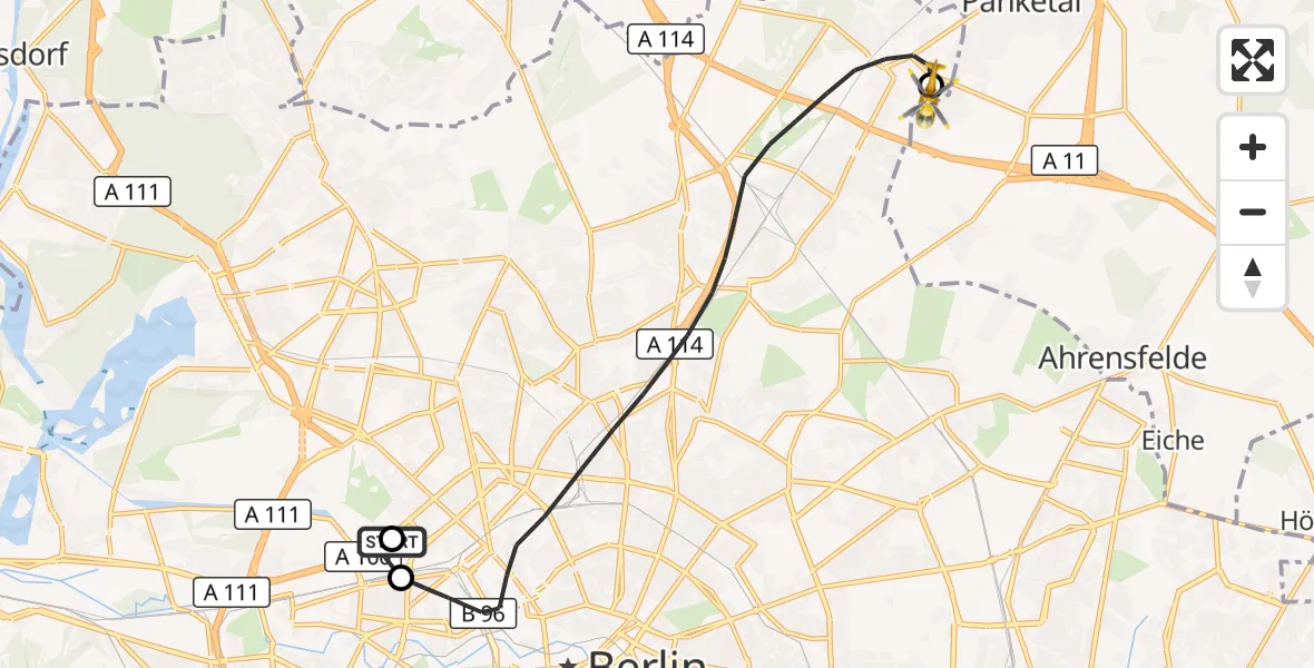 Flugroute Rettungshubschrauber Charité Clinic Virchow Campus - Helios Clinic Berlin-Buch, 29 September 2026, 16:29