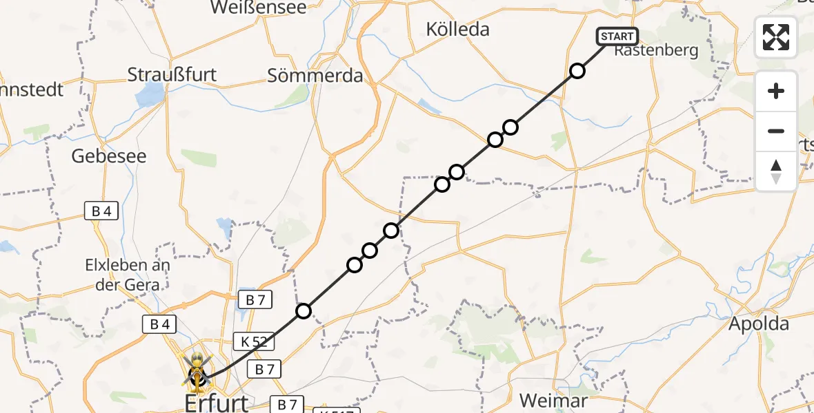Flugroute Rettungshubschrauber Rastenberg - Helios Clinic Erfurt, 29 September 2026, 16:33