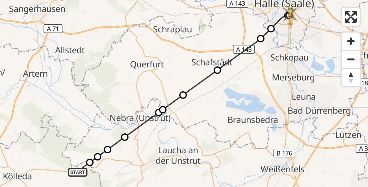 Flugroute Rettungshubschrauber Rastenberg - BG Hospital Bergmannstrost Halle, 29 September 2026, 16:34