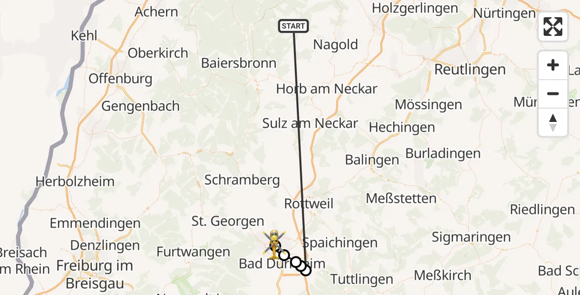 Flugroute Ambulanzhubschrauber Altensteig - DRF Air Rescue Station Villingen-Schwenningen Hubschrauberlandeplatz (Christoph 11), 29 September 2026, 16:35