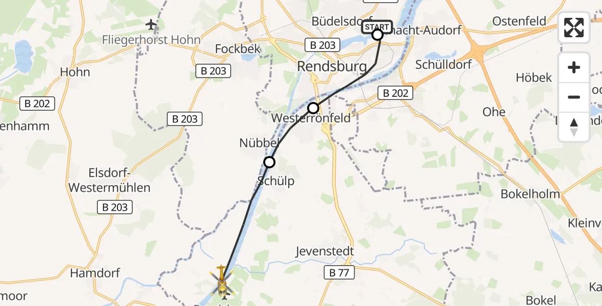 Flugroute Ambulanzhubschrauber Büdelsdorf - Rendsburg-Schachtholm Flugplatz, 29 September 2026, 16:35