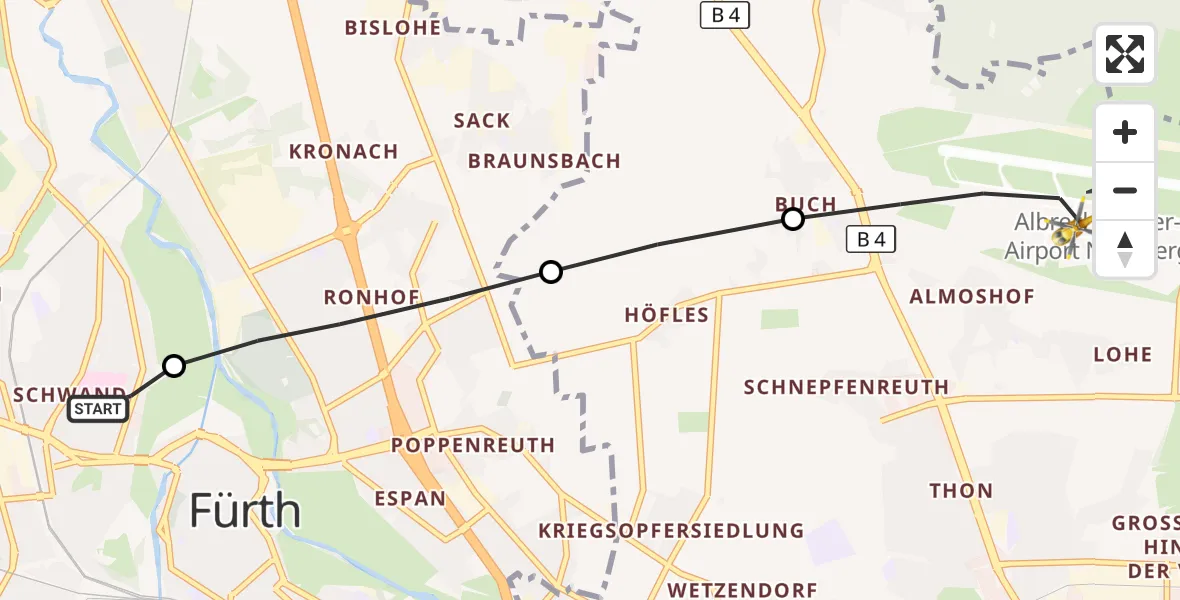Flugroute Ambulanzhubschrauber Fürth Hospital - Flughafen Nuremberg, 29 September 2026, 16:43