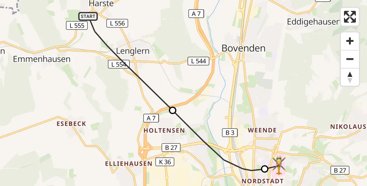 Flugroute Rettungshubschrauber Bovenden - Göttingen University Clinic Hubschrauberlandeplatz, 29 September 2026, 16:47