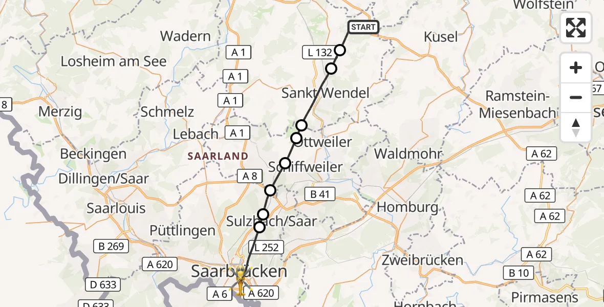 Flugroute Rettungshubschrauber Freisen - Saarbrücken, 29 September 2026, 17:05