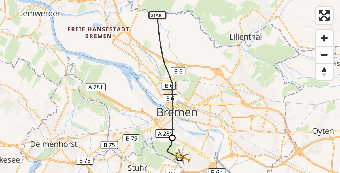 Flugroute Rettungshubschrauber Bremen - ADAC Air Rescue Station Bremen Hubschrauberlandeplatz (Christoph 6), 29 September 2026, 17:11