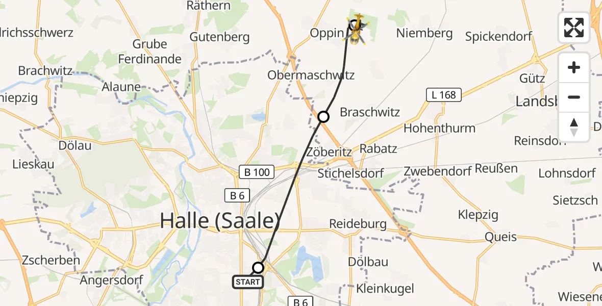 Flugroute Rettungshubschrauber BG Hospital Bergmannstrost Halle - Halle-Oppin Flugplatz, 29 September 2026, 17:11