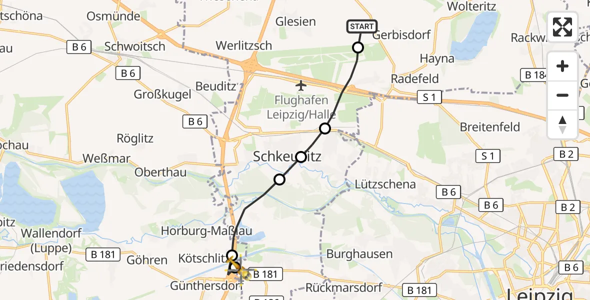 Flugroute Rettungshubschrauber Schkeuditz - ADAC Air Rescue Station Leipzig/Schkeuditz-Dölzig Hubschrauberlandeplatz (Christoph 61), 29 September 2026, 17:24