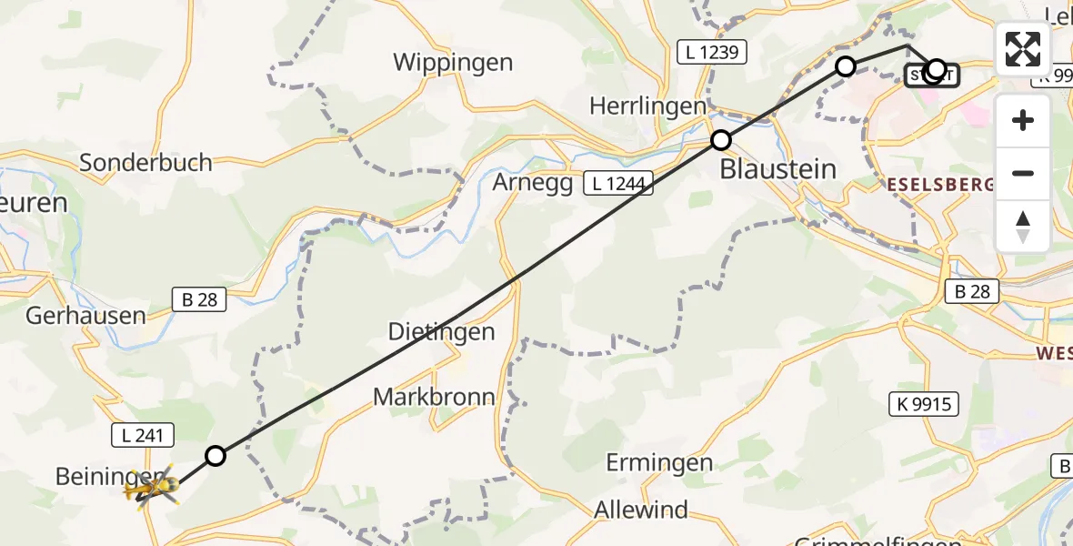 Flugroute Rettungshubschrauber Ulm Military Hospital Emergency - Blaubeuren, 29 September 2026, 17:25