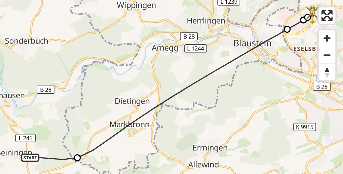 Flugroute Rettungshubschrauber Blaubeuren - Ulm Military Hospital Emergency, 29 September 2026, 17:52