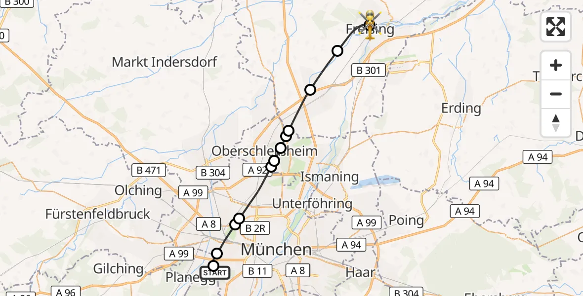 Flugroute Rettungshubschrauber DRF Air Rescue München Hubschrauberlandeplatz - Freising Clinic Hubschrauberlandeplatz, 29 September 2026, 18:16