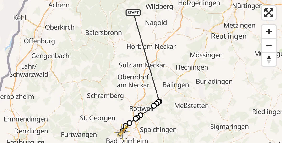 Flugroute Ambulanzhubschrauber Altensteig - DRF Air Rescue Station Villingen-Schwenningen Hubschrauberlandeplatz (Christoph 11), 29 September 2026, 18:44