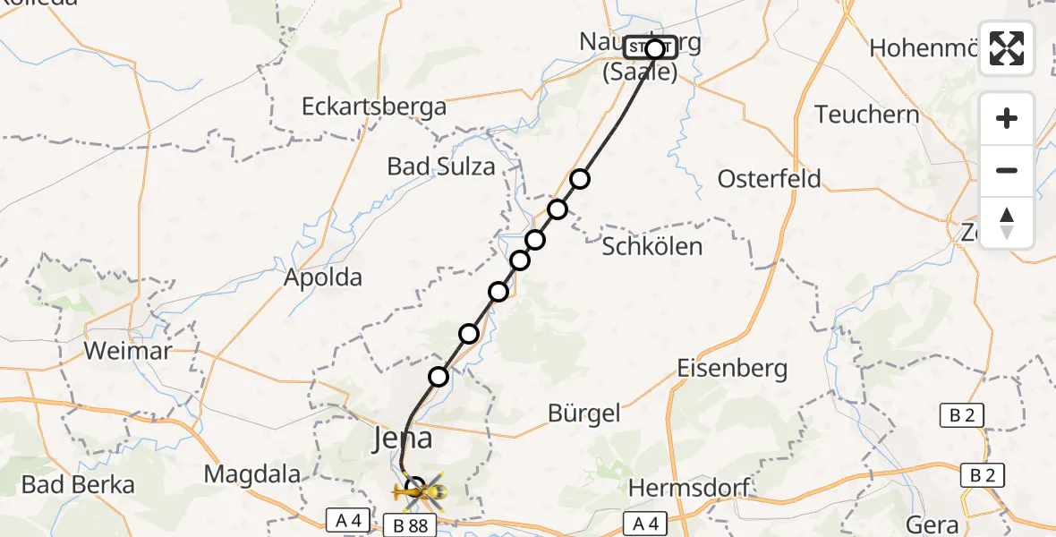 Flugroute Rettungshubschrauber Naumburg Hospital - Lobeda Hubschrauberlandeplatz, 29 September 2026, 19:43