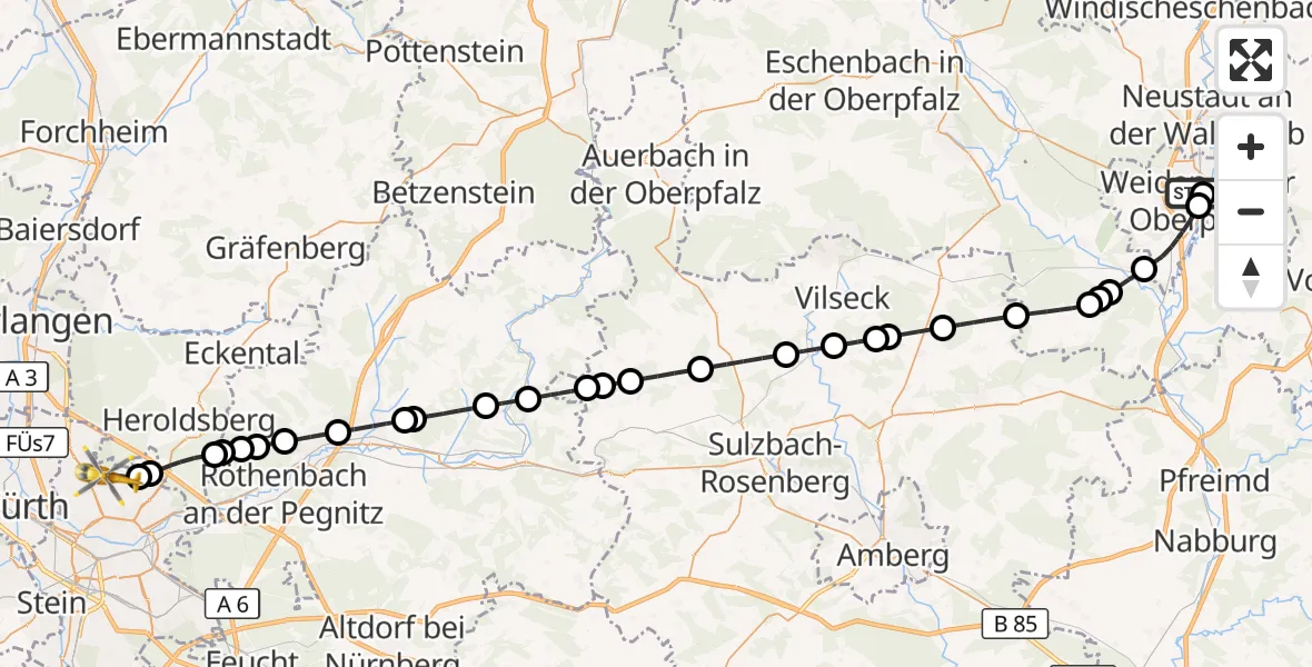 Flugroute Rettungshubschrauber Weiden Hospital - Flughafen Nuremberg, 29 September 2026, 19:46