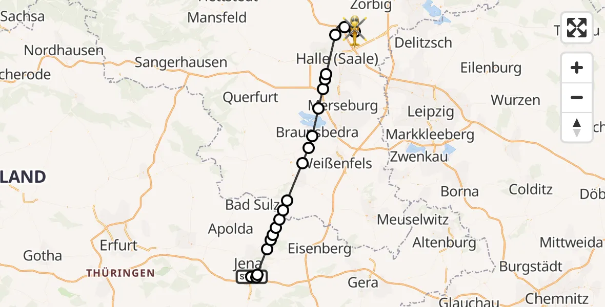 Flugroute Rettungshubschrauber Lobeda Hubschrauberlandeplatz - Halle-Oppin Flugplatz, 29 September 2026, 20:40