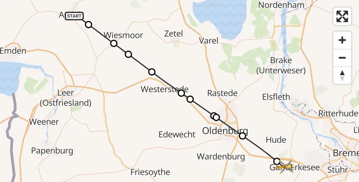 Flugroute Rettungshubschrauber Aurich - Ganderkesee, 29 September 2026, 20:47
