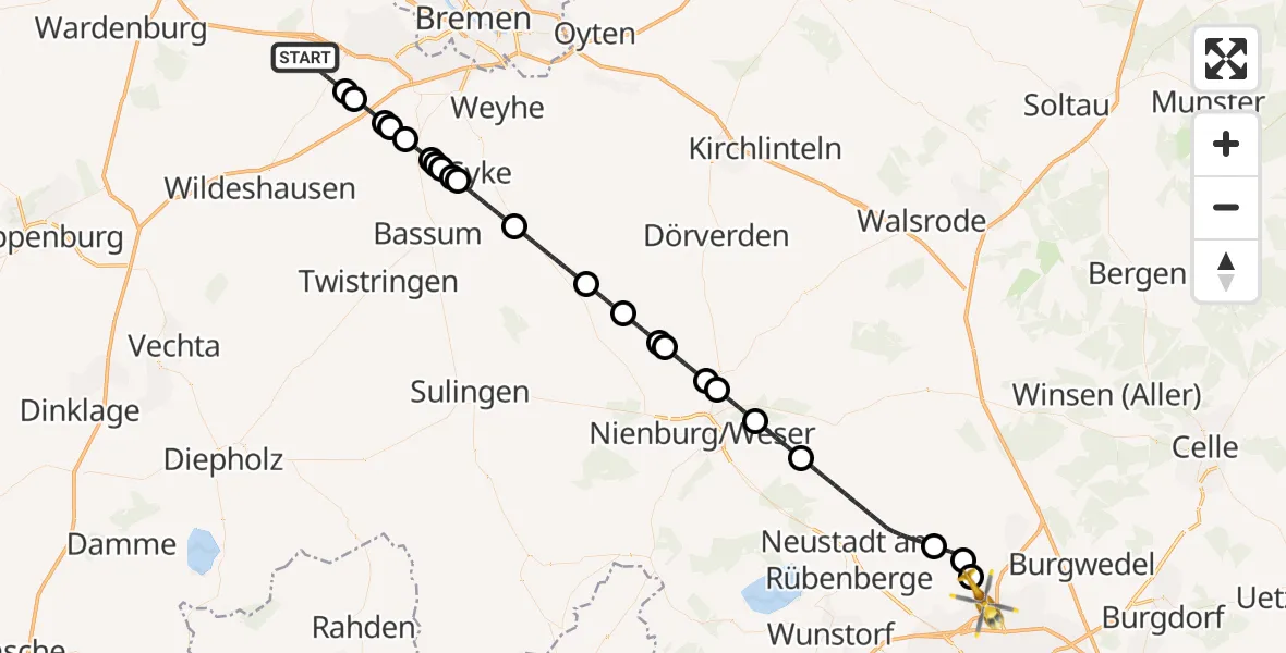 Flugroute Rettungshubschrauber Ganderkesee - Flughafen Hannover, 29 September 2026, 21:35