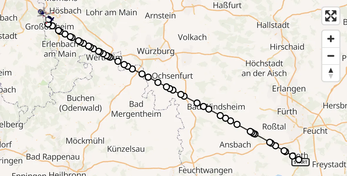 Flugroute Polizeihubschrauber Flugplatz Roth - Stockstadt a.Main, 29 September 2026, 23:03