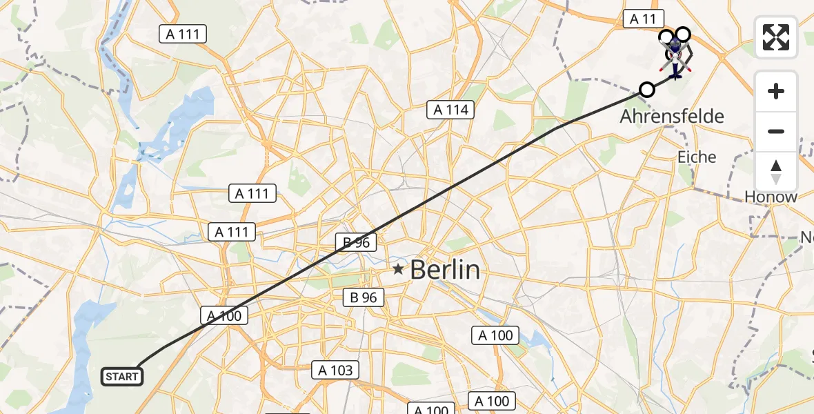 Flugroute Polizeihubschrauber Berlin - Ahrensfelde Hubschrauberlandeplatz, 29 September 2026, 23:51