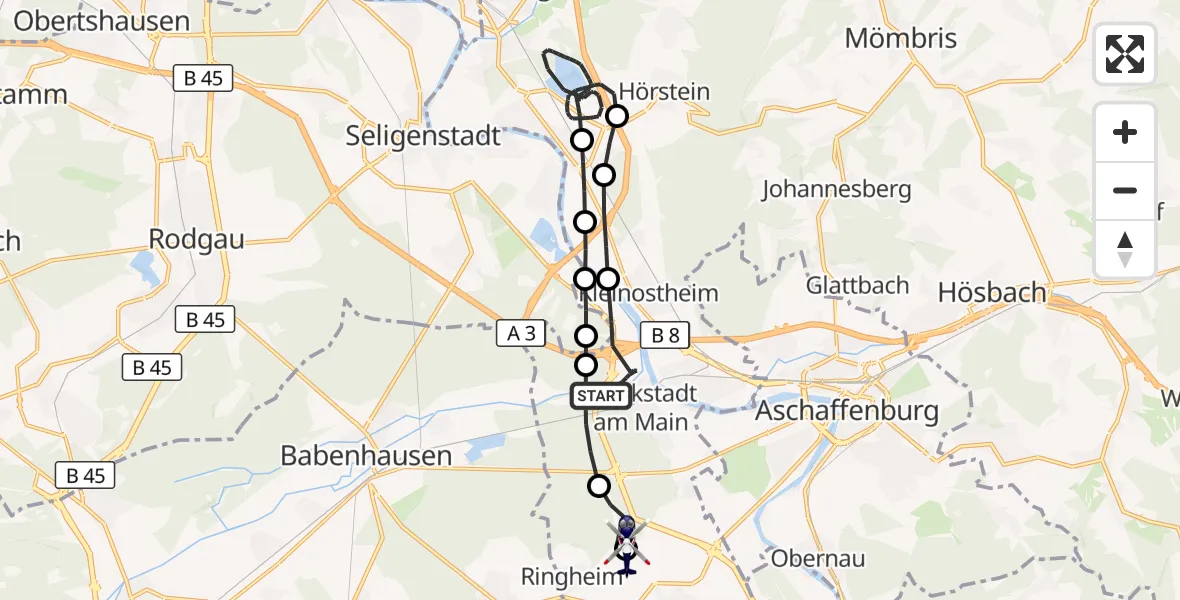 Flugroute Polizeihubschrauber Stockstadt a.Main - Flugplatz Aschaffenburg, 30 September 2026, 00:04