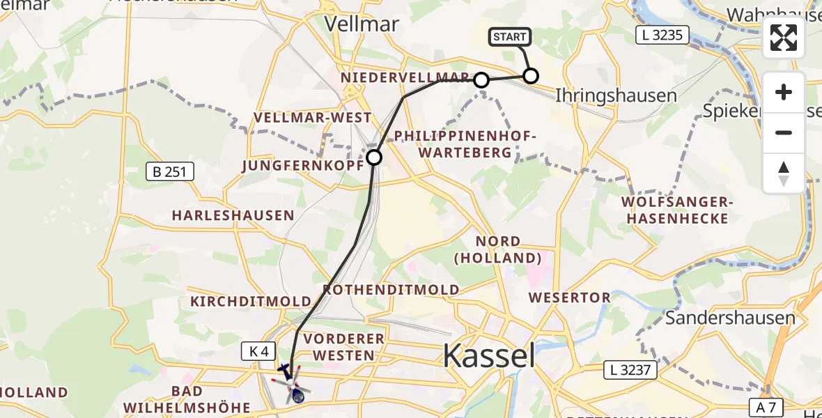 Flugroute Polizeihubschrauber Fuldatal Bundespolizei Hubschrauberlandeplatz - Kassel, 30 September 2026, 05:42