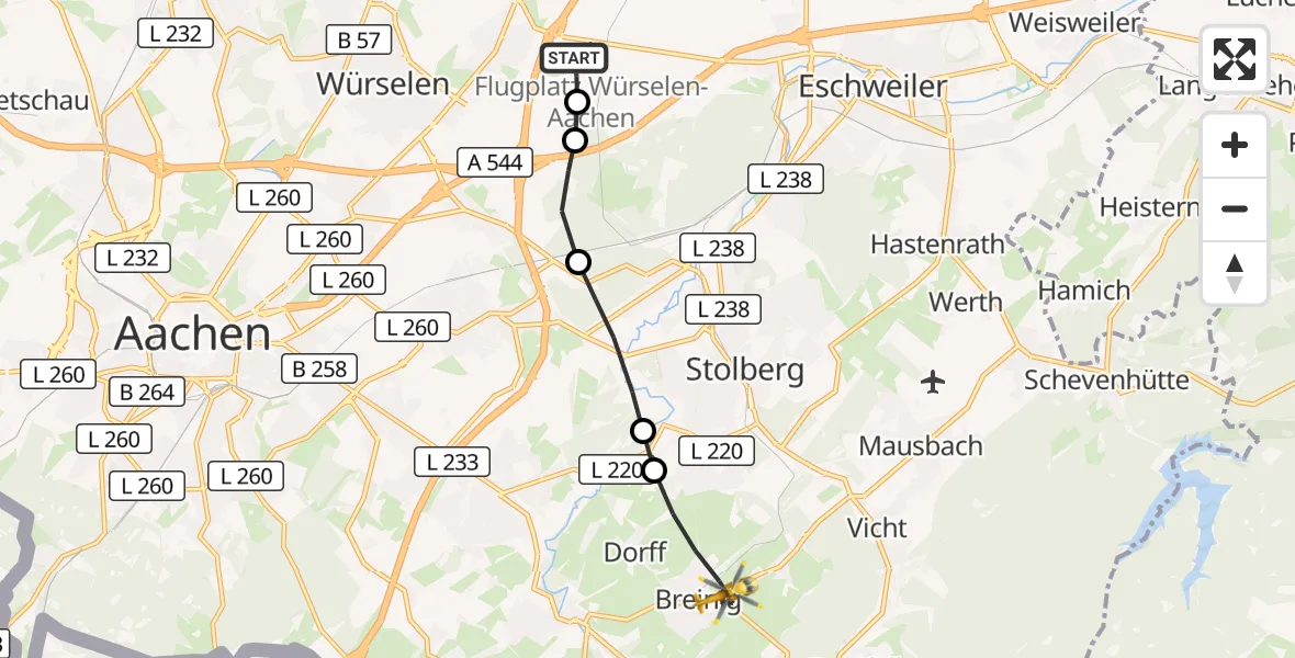 Flugroute Rettungshubschrauber Aachen-Merzbrück Flughafen - Stolberg (Rhld.), 30 September 2026, 05:57