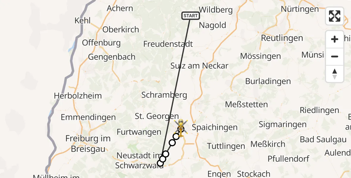 Flugroute Ambulanzhubschrauber Altensteig - DRF Air Rescue Station Villingen-Schwenningen Hubschrauberlandeplatz (Christoph 11), 30 September 2026, 06:20