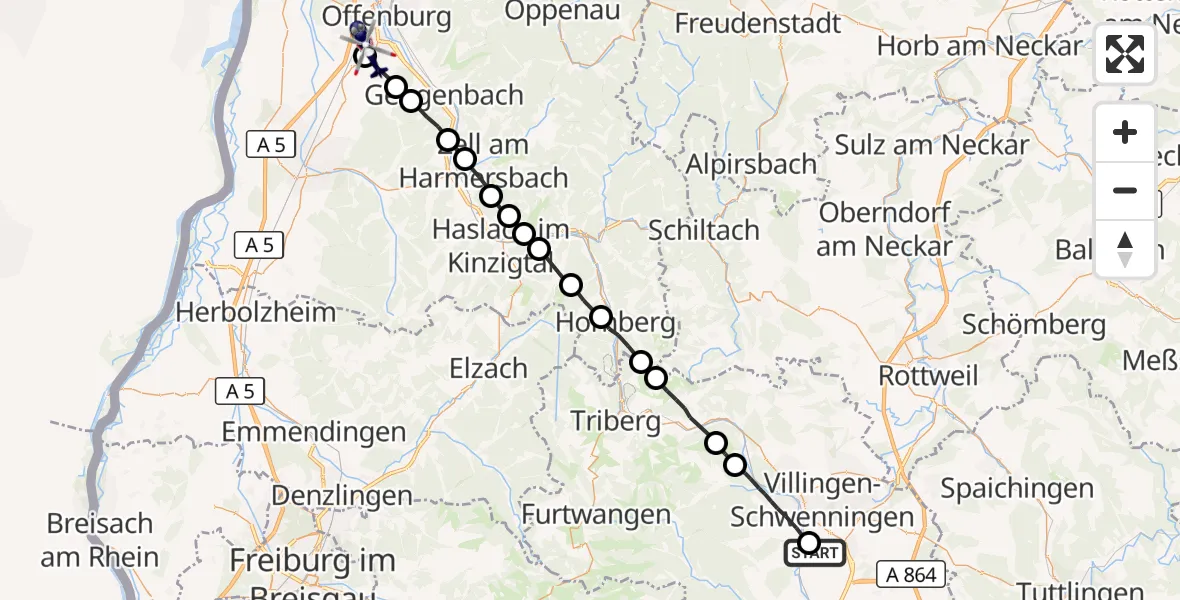 Flugroute Polizeihubschrauber Brigachtal - Hohberg, 30 September 2026, 06:30