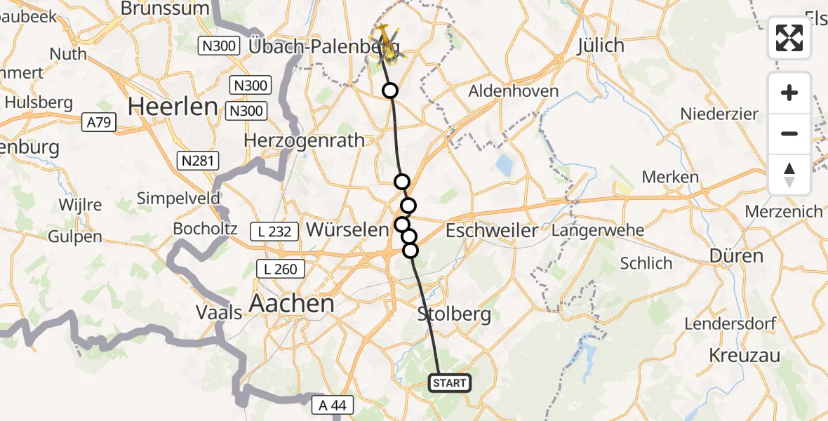 Flugroute Rettungshubschrauber Stolberg (Rhld.) - Baesweiler, 30 September 2026, 06:33