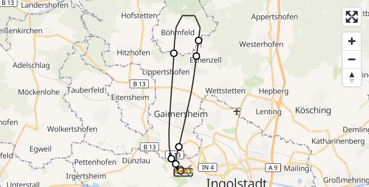 Flugroute Rettungshubschrauber Ingolstadt Hospital - Ingolstadt Hospital, 30 September 2026, 06:33