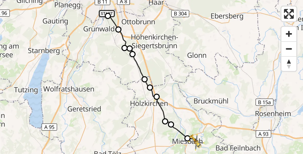 Flugroute Rettungshubschrauber ADAC Air Rescue Center Hubschrauberlandeplatz (Christoph 1) - Miesbach, 30 September 2026, 07:00