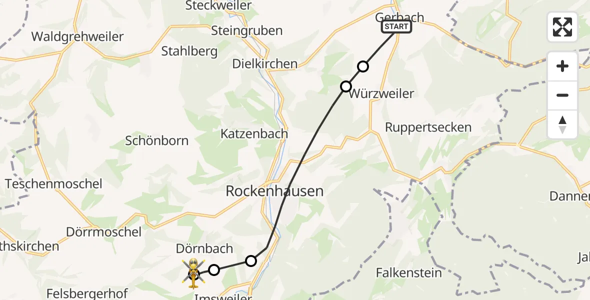 Flugroute Rettungshubschrauber Gerbach - Rockenhausen, 30 September 2026, 07:11