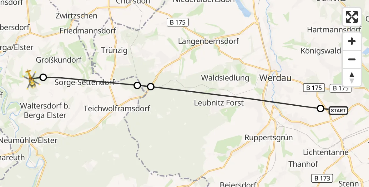 Flugroute Rettungshubschrauber ADAC Air Rescue Station Zwickau Hubschrauberlandeplatz - Berga-Wünschendorf, 30 September 2026, 07:16