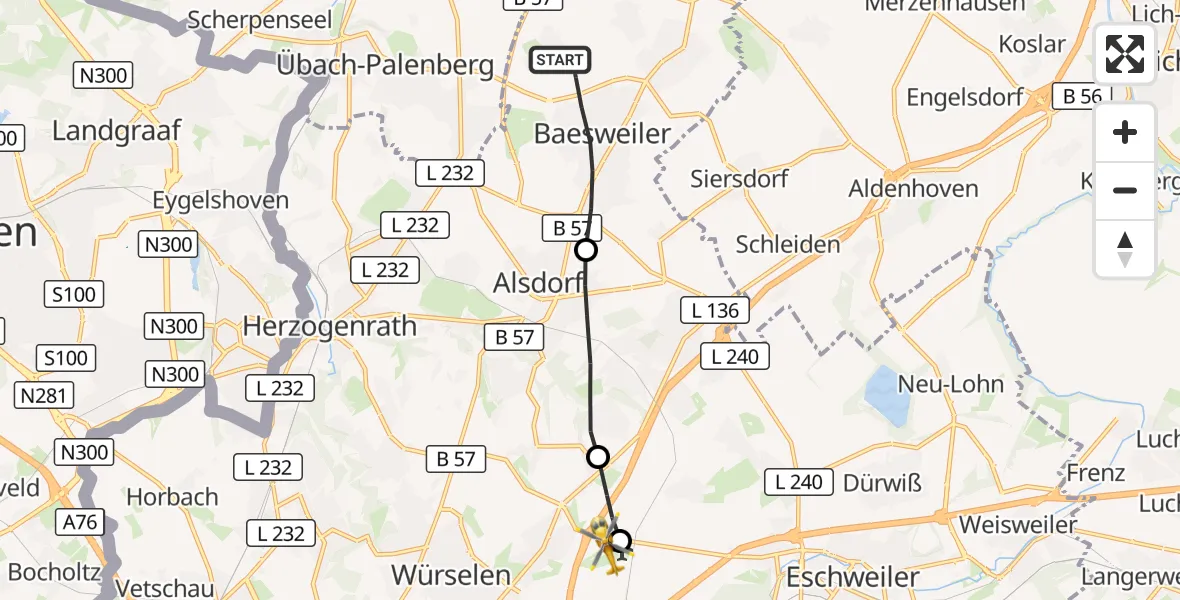 Flugroute Rettungshubschrauber Baesweiler - Aachen-Merzbrück Flughafen, 30 September 2026, 07:21