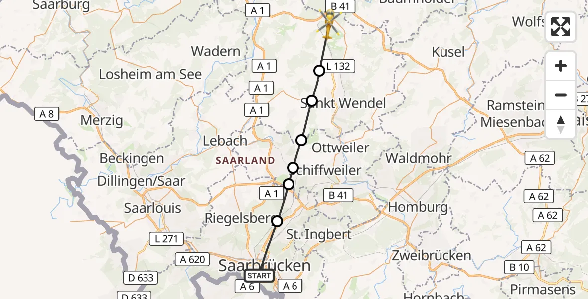 Flugroute Rettungshubschrauber Saarbrücken - Nohfelden, 30 September 2026, 07:31