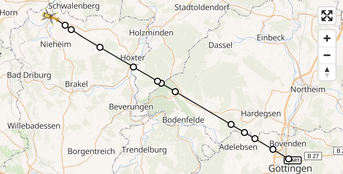 Flugroute Rettungshubschrauber Göttingen University Clinic Hubschrauberlandeplatz - Steinheim, 30 September 2026, 07:32