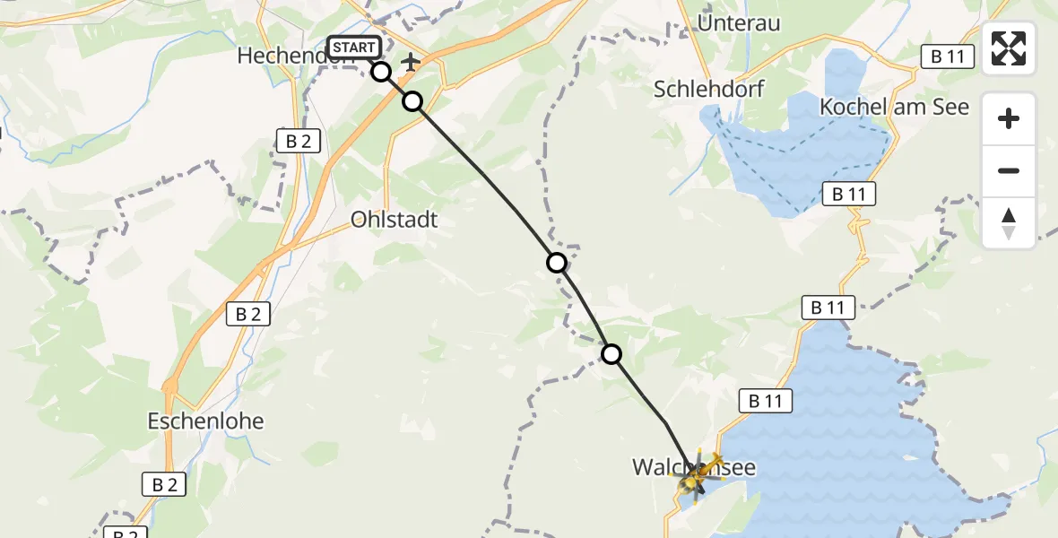 Flugroute Rettungshubschrauber Murnau a.Staffelsee - Kochel a.See, 30 September 2026, 07:33