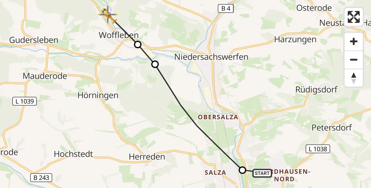 Flugroute Rettungshubschrauber Südharz Hospital Nordhausen - Ellrich, 30 September 2026, 07:34