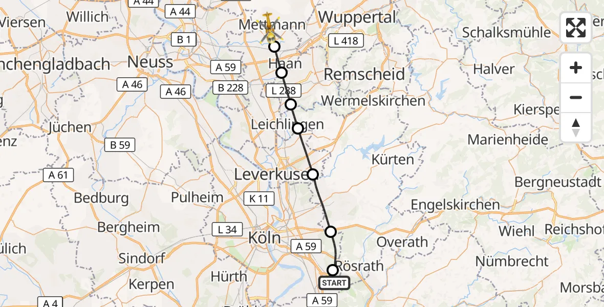 Flugroute Ambulanzhubschrauber Köln Bonn Flughafen - Mettmann, 30 September 2026, 07:45