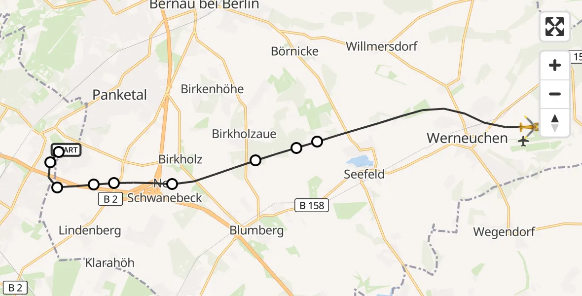 Flugroute Rettungshubschrauber Helios Clinic Berlin-Buch - Werneuchen, 30 September 2026, 07:52